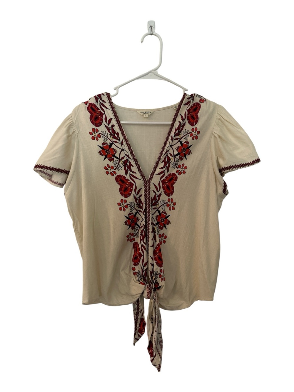 Max Studio London Cream Embroidered Tie-Front Top with Red Floral Detail